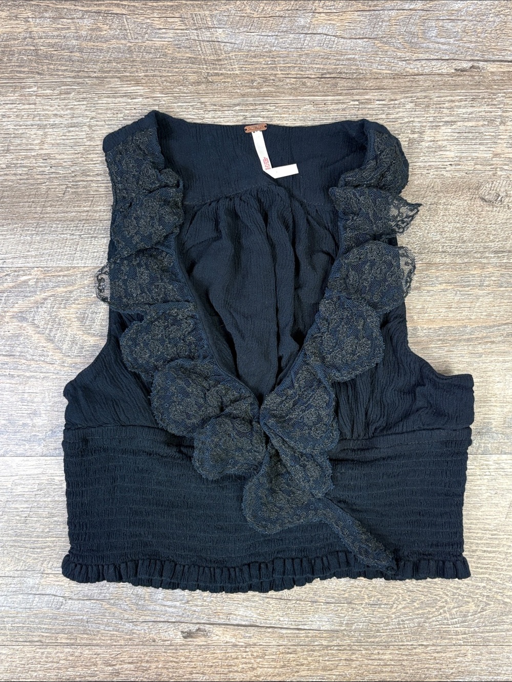 Free People Black Lace Ruffle Textured Tank Top XS